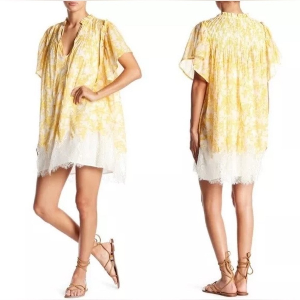 Free People Marigold Yellow Floral Mini Tunic Dress Womens Lace Hem S EUC